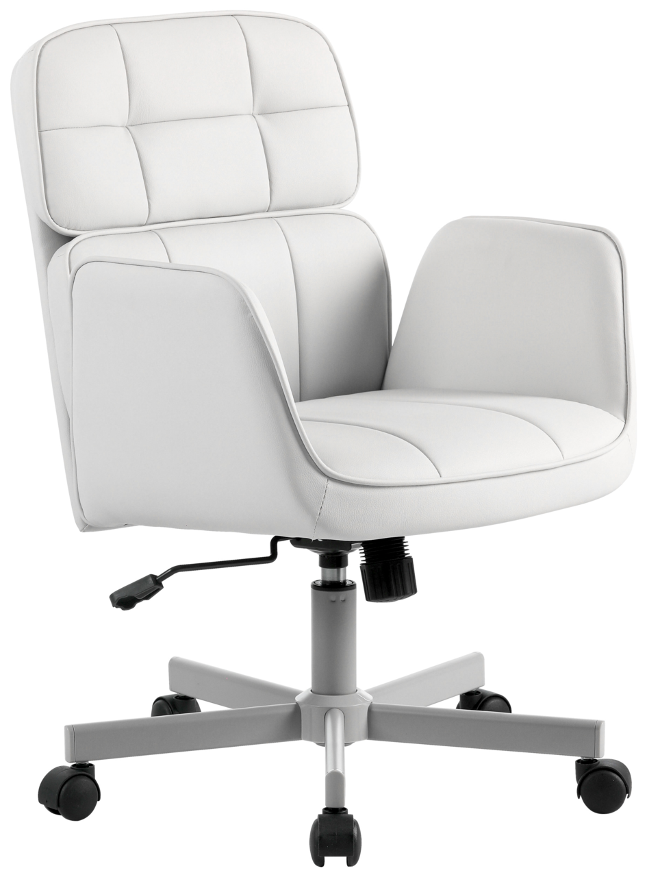 Moderner weißer Drehstuhl mit gepolsterter Rückenlehne und Armlehnen, seitliche Perspektive