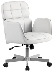 Moderner weißer Drehstuhl mit gepolsterter Rückenlehne und Armlehnen, seitliche Perspektive