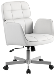 Moderner weißer Drehstuhl mit gepolsterter Rückenlehne und Armlehnen, seitliche Perspektive