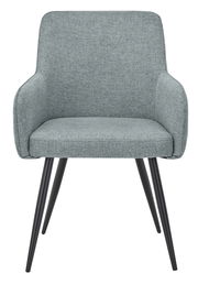 Grauer Armlehnstuhl mit schwarzem Metallgestell, Frontalansicht