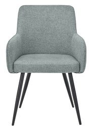 Grauer Armlehnstuhl mit schwarzem Metallgestell, Frontalansicht