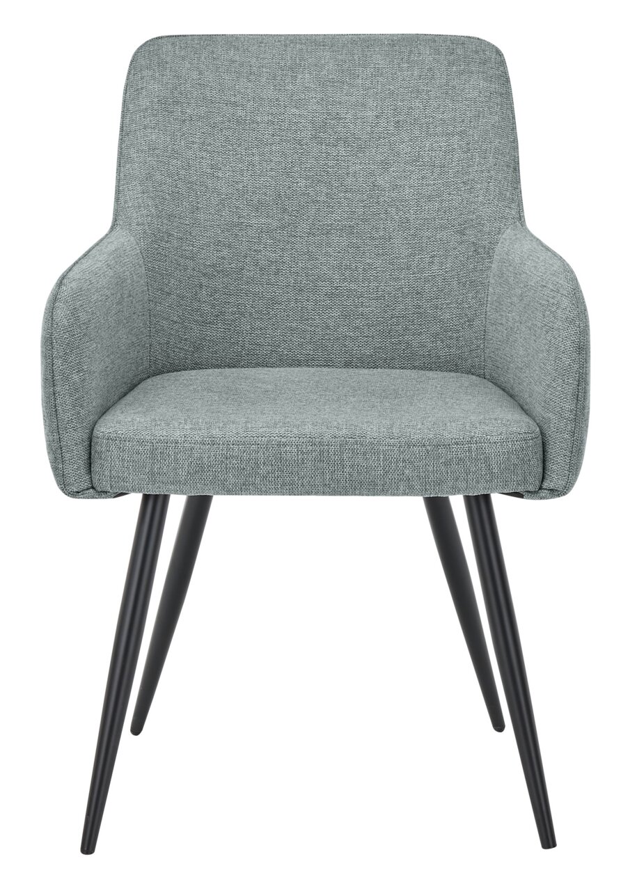 Grauer Armlehnstuhl mit schwarzem Metallgestell, Frontalansicht