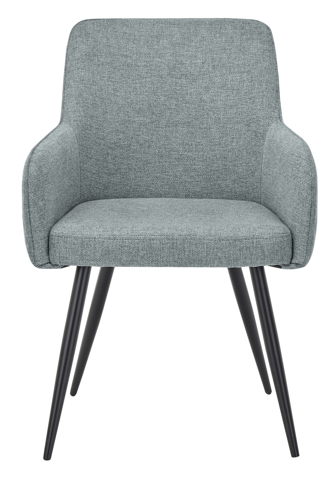 Grauer Armlehnstuhl mit schwarzem Metallgestell, Frontalansicht