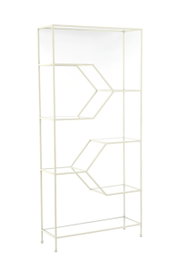 Modernes, weißes Standregal mit geometrischem Design, seitliche Perspektive