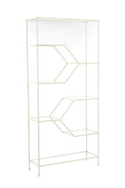 Modernes, weißes Standregal mit geometrischem Design, seitliche Perspektive