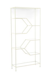 Modernes, weißes Standregal mit geometrischem Design, seitliche Perspektive