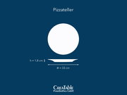 Weißer Pizzateller aus Porzellan mit Ø 33 cm und Höhe 1,8 cm, dargestellt in Draufsicht mit Seitenansicht auf blauem Hintergrund.