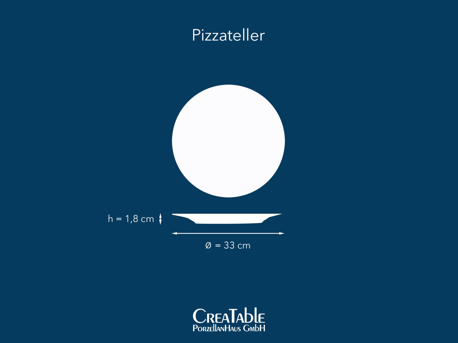 Weißer Pizzateller aus Porzellan mit Ø 33 cm und Höhe 1,8 cm, dargestellt in Draufsicht mit Seitenansicht auf blauem Hintergrund.