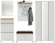 Garderoben-Set 6-tlg. in moderner Perspektive, bestehend aus einem Spiegel, einer Wandgarderobe mit Haken und Ablage, einem Schuhschrank, einer Sitzbank mit Stauraum und einem großen Kleiderschrank mit Spiegeltür.