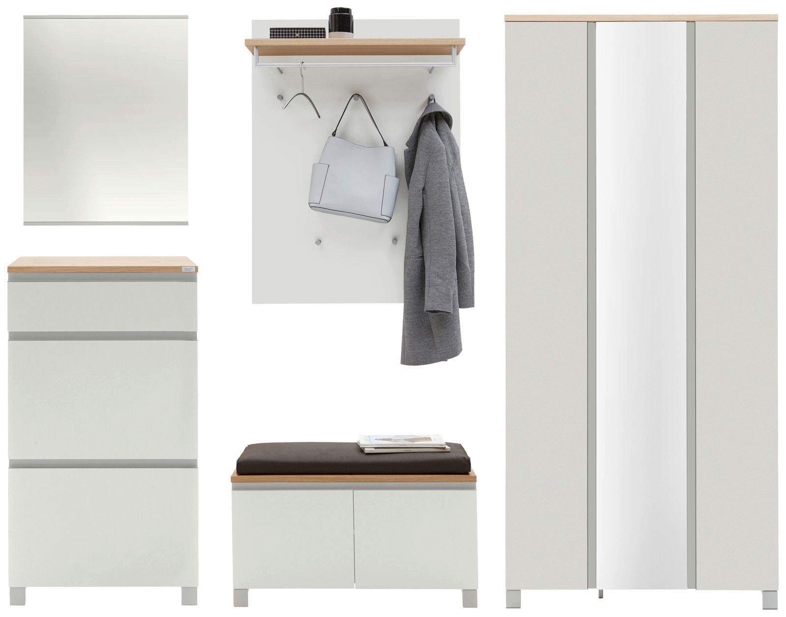 Garderoben-Set 6-tlg. in moderner Perspektive, bestehend aus einem Spiegel, einer Wandgarderobe mit Haken und Ablage, einem Schuhschrank, einer Sitzbank mit Stauraum und einem großen Kleiderschrank mit Spiegeltür.