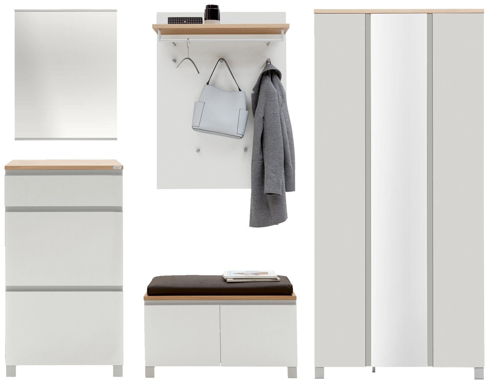 Garderoben-Set 6-tlg. in moderner Perspektive, bestehend aus einem Spiegel, einer Wandgarderobe mit Haken und Ablage, einem Schuhschrank, einer Sitzbank mit Stauraum und einem großen Kleiderschrank mit Spiegeltür.