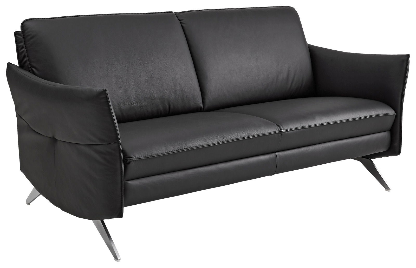 Schwarzes Ledersofa mit zwei Sitzplätzen, moderne Metallfüße, seitliche Perspektive