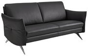 Schwarzes Ledersofa mit zwei Sitzplätzen, moderne Metallfüße, seitliche Perspektive