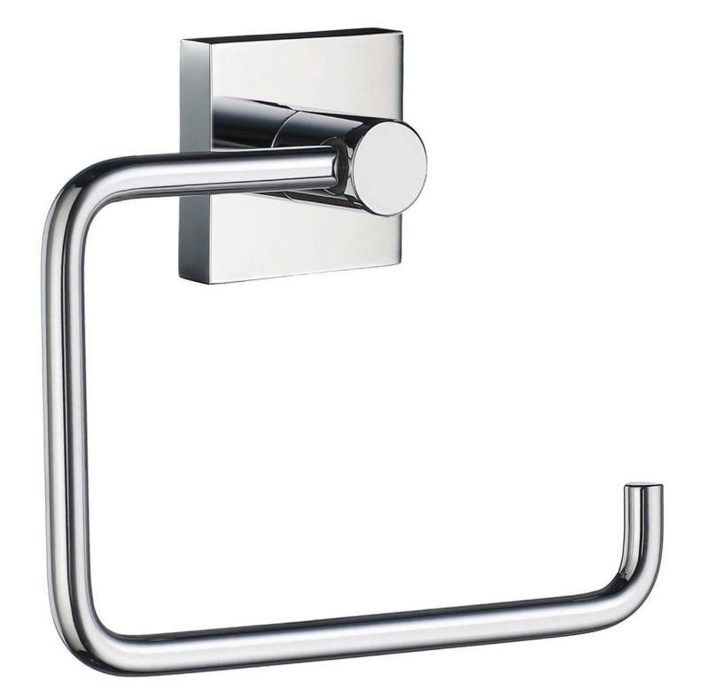 Moderner verchromter Toilettenpapierhalter in seitlicher Perspektive.