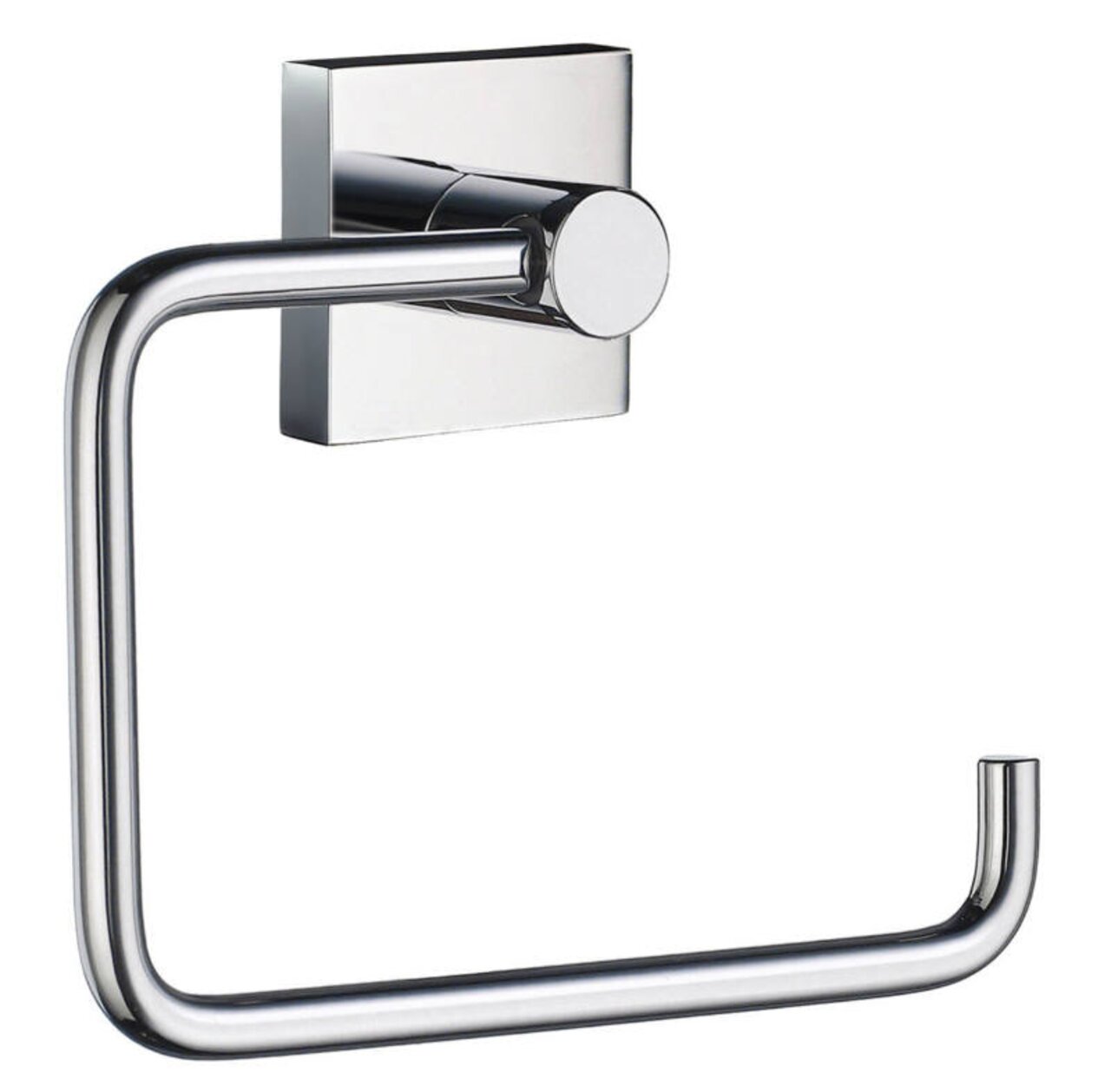 Moderner verchromter Toilettenpapierhalter in seitlicher Perspektive.