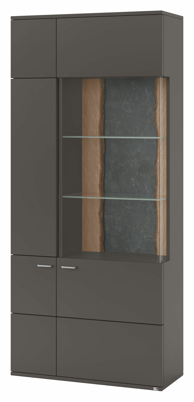 Moderne Vitrine in dunklem Grau mit Glaseinlegeböden und dekorativer Rückwand in Holzoptik, frontal betrachtet.