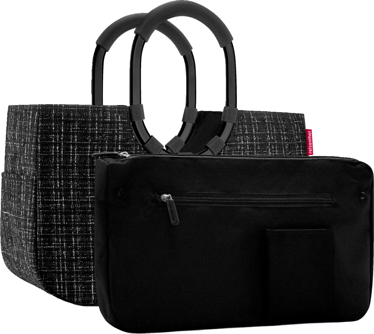 Zwei schwarze Reisenthel Shopper-/Taschen mit stabilen Rundgriffen und Reißverschlussfach, frontale Produktansicht leicht schräg von vorn