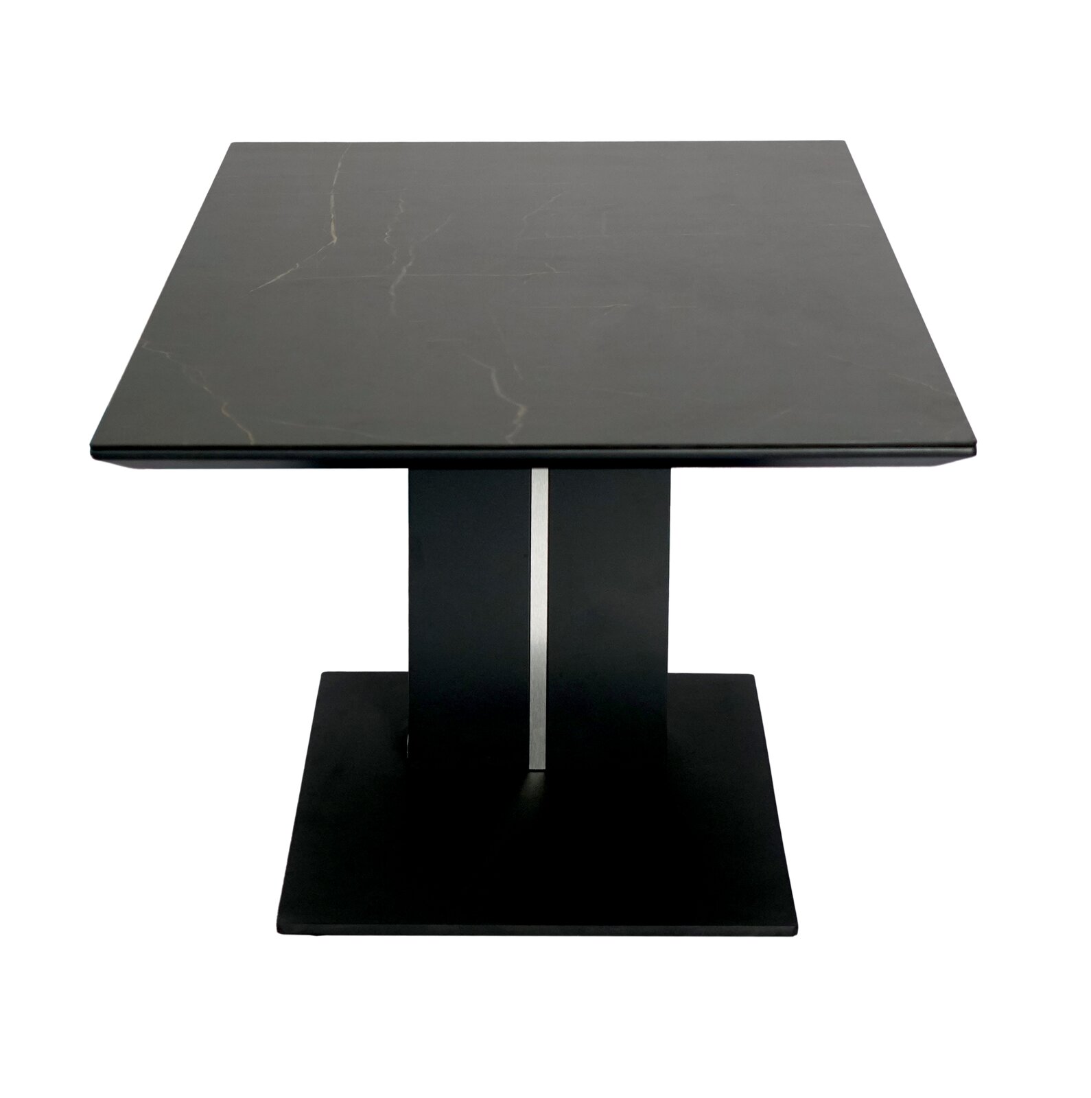 Moderner quadratischer Couchtisch aus schwarzem Material mit zentralem Standfuß, Frontalansicht.