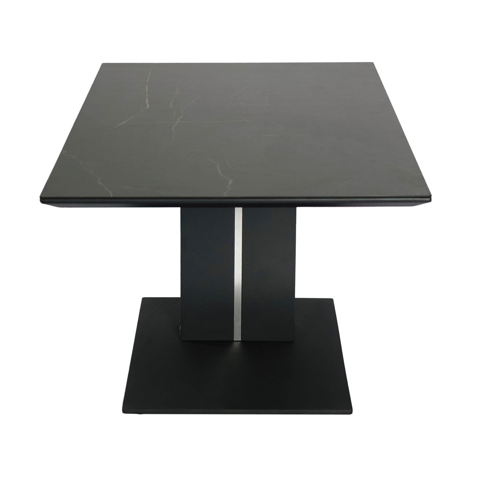 Moderner quadratischer Couchtisch aus schwarzem Material mit zentralem Standfuß, Frontalansicht.