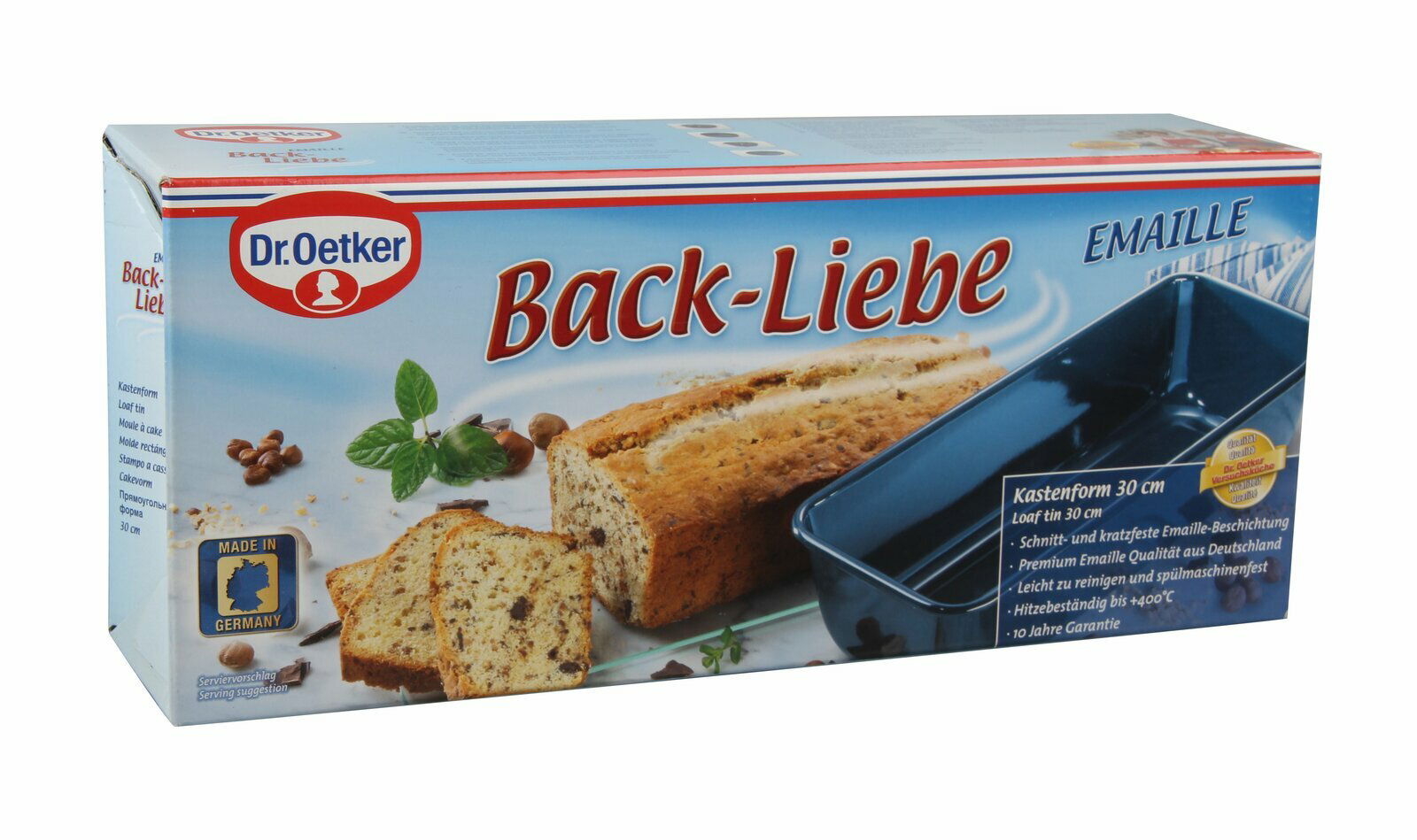 Verpackung der Dr. Oetker Back-Liebe Kastenform 30 cm, emailliert, mit Abbildung eines gebackenen Brotes und der Form, Perspektive von vorne.