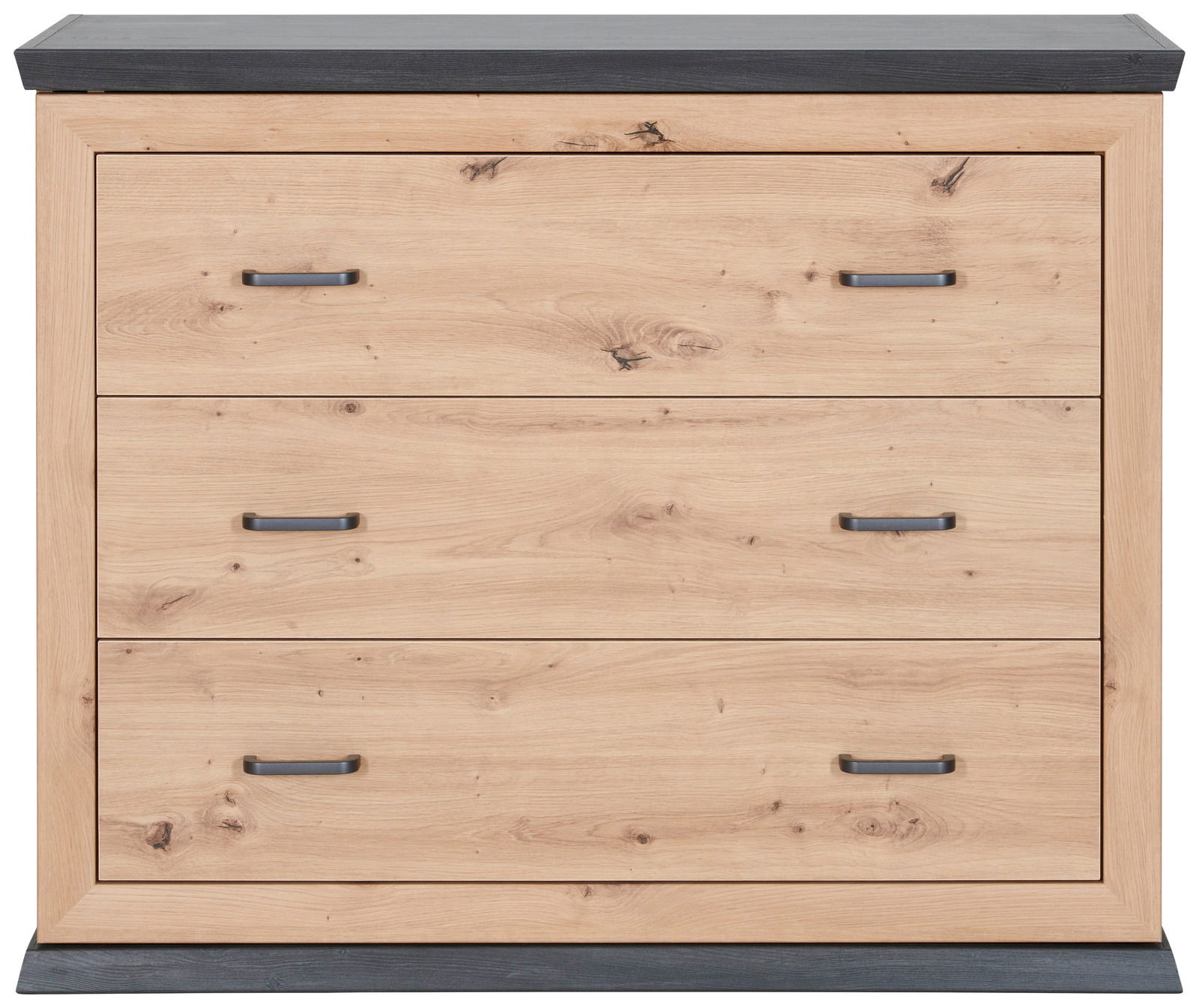 MyBaby Kommode BENTON Kommode aus hellem Holz mit drei Schubladen und dunklen Griffen, Frontalansicht