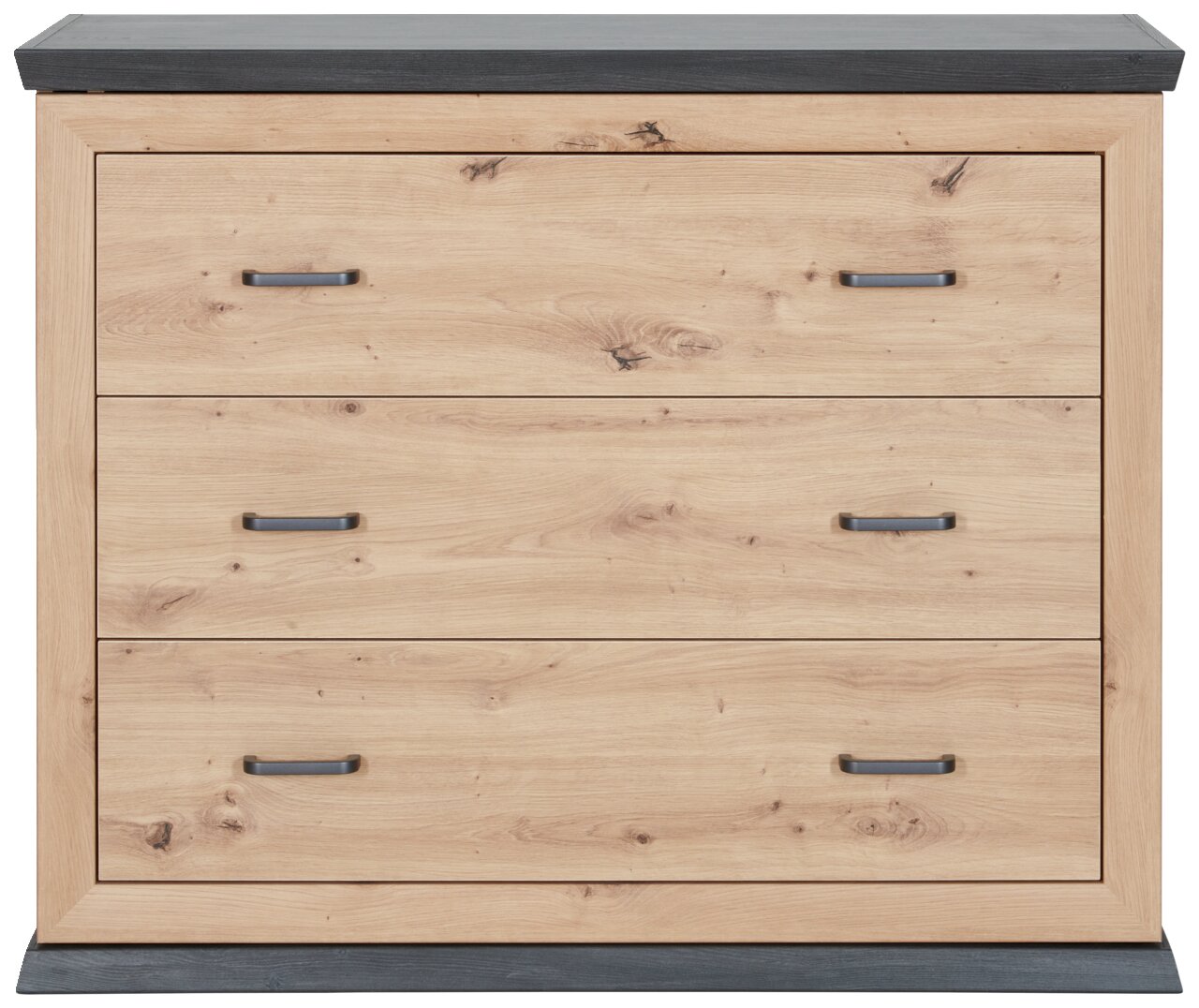 MyBaby Kommode BENTON Kommode aus hellem Holz mit drei Schubladen und dunklen Griffen, Frontalansicht