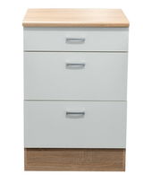 Unterschrank mit drei Schubladen, weiße Fronten und Holzoptik, Frontalansicht