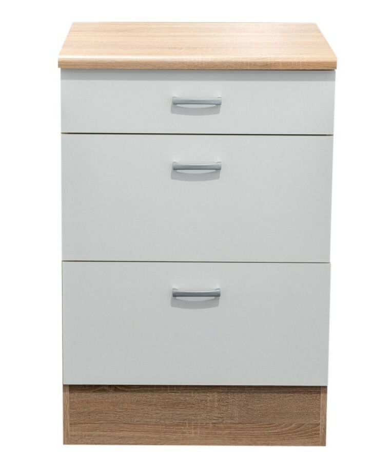 Unterschrank mit drei Schubladen, weiße Fronten und Holzoptik, Frontalansicht