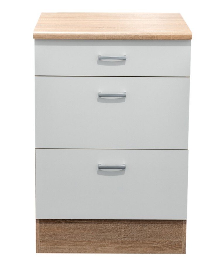Unterschrank mit drei Schubladen, weiße Fronten und Holzoptik, Frontalansicht