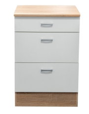 Onderkast met drie lades, witte fronten en houtlook, vooraanzicht