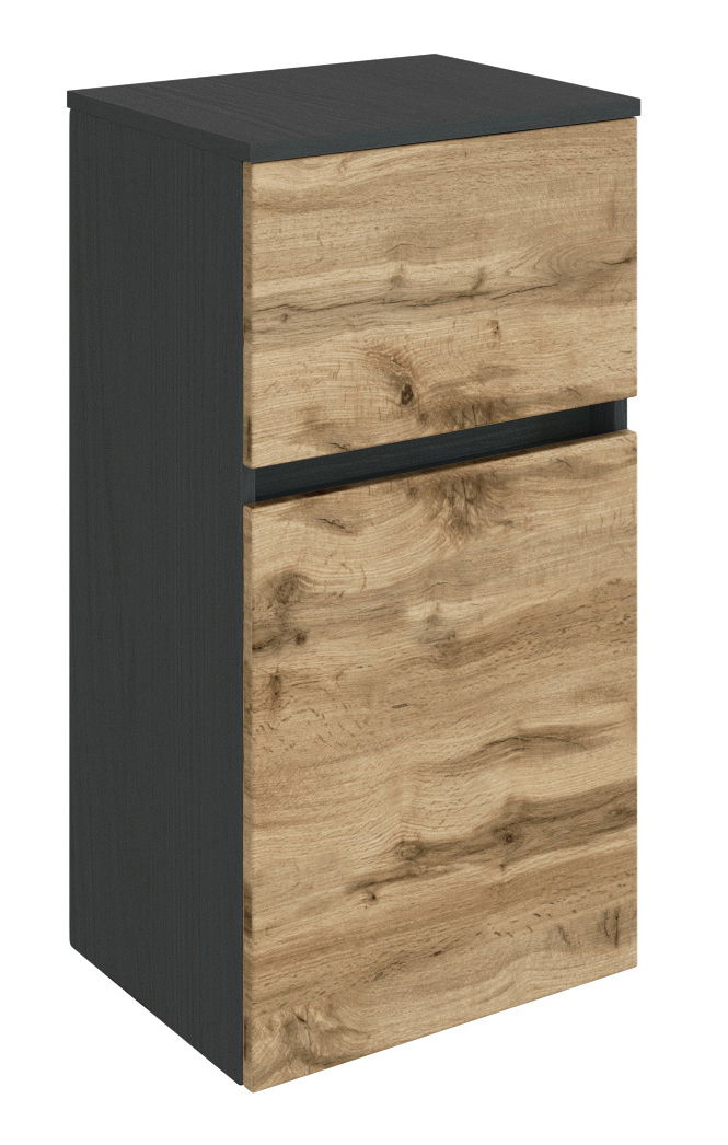 Moderner Unterschrank mit zwei Schubladen in Holzoptik, seitliche Perspektive