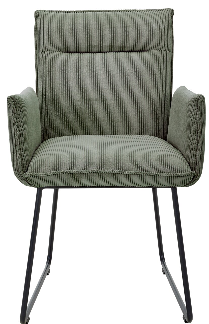 Grüner Armlehnstuhl mit geripptem Stoffbezug, Vorderansicht