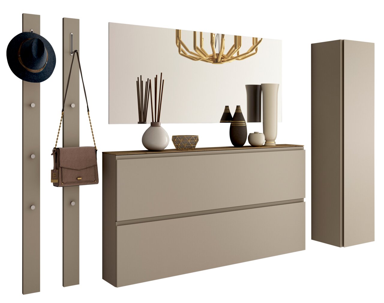 Garderobenset in modernem Design mit zwei Wandpaneelen, einem großen Spiegel, einer Kommode und einem hohen Schrank, frontal betrachtet.