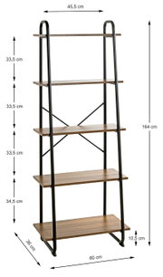 Leiterregal mit fünf Holzablagen und schwarzem Metallrahmen im Industrial-Design, freistehend in Frontansicht mit Maßangaben (H 164 cm, B 60 cm, T 36 cm)
