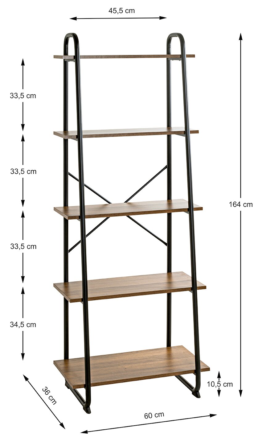 Leiterregal mit fünf Holzablagen und schwarzem Metallrahmen im Industrial-Design, freistehend in Frontansicht mit Maßangaben (H 164 cm, B 60 cm, T 36 cm)