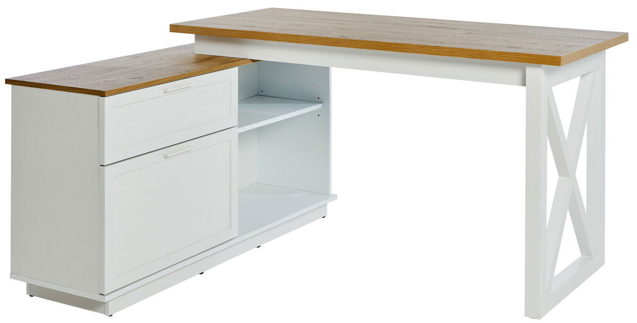Moderner Eck-Schreibtisch mit weißem Gestell und Holzoberfläche, seitliche Schubladen und Regalfächer, Perspektive von vorne rechts.