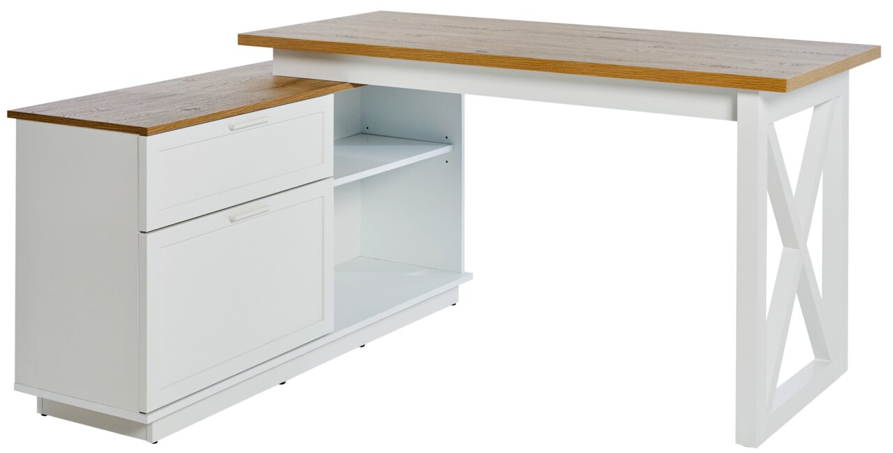 Moderner Eck-Schreibtisch mit weißem Gestell und Holzoberfläche, seitliche Schubladen und Regalfächer, Perspektive von vorne rechts.