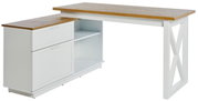 Modern hoekbureau met wit frame en houten blad, laden aan de zijkant en open vakken, aanzicht van rechtsvoor.