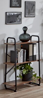 Zurbrüggen Regal Schmales Regal im Industrial-Design mit schwarzem Metallrahmen und Holzablagen, seitliche Griffe, mit Büchern, Deko-Vase und Pflanze dekoriert, fotografiert in leichter Seitenansicht vor einer Wand mit Bildern