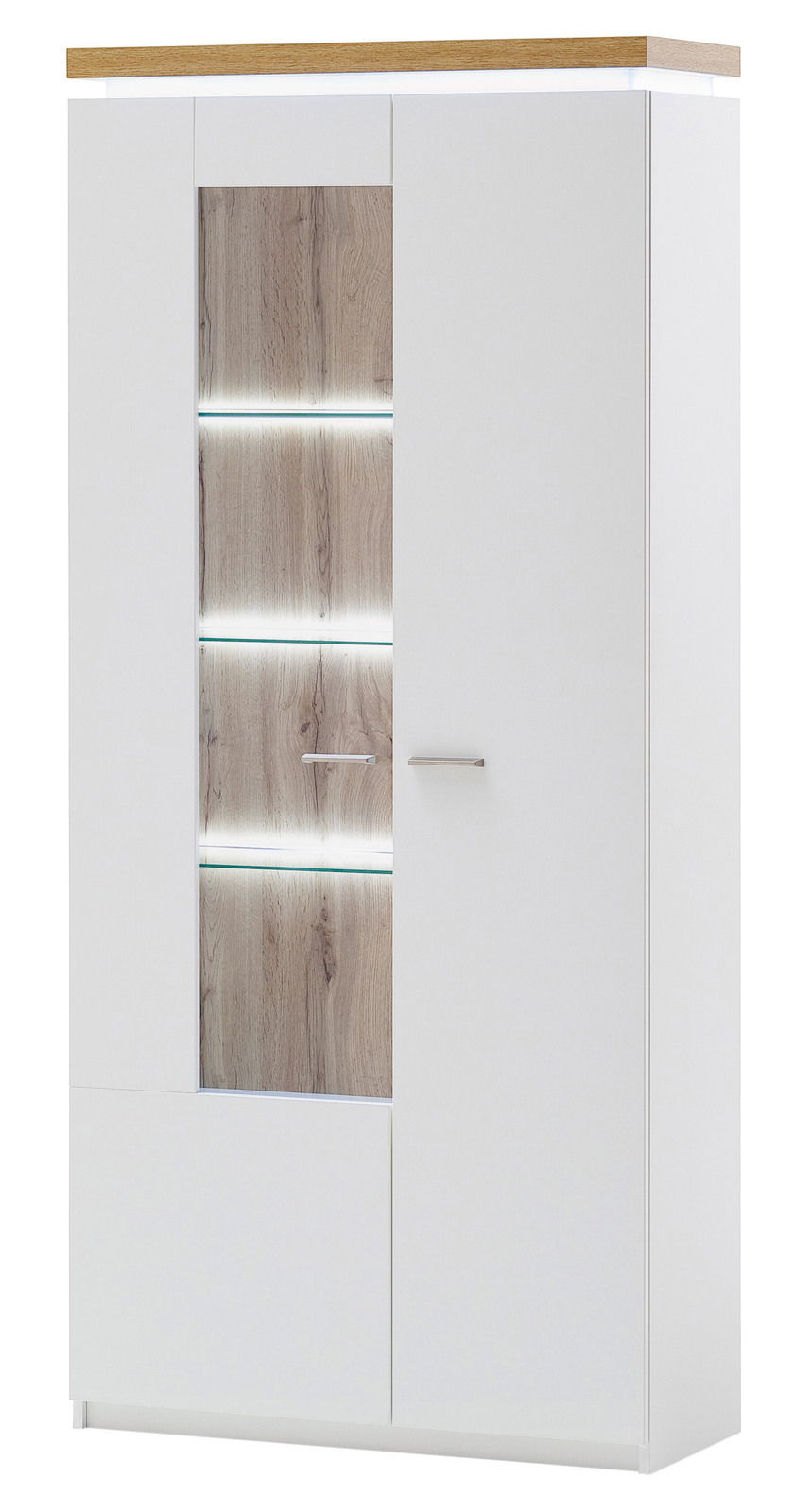 Kombi-Vitrine in Weiß mit Holzdetails und Glaseinsätzen, frontale Ansicht