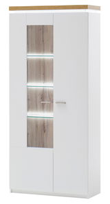 Kombi-Vitrine in Weiß mit Holzdetails und Glaseinsätzen, frontale Ansicht