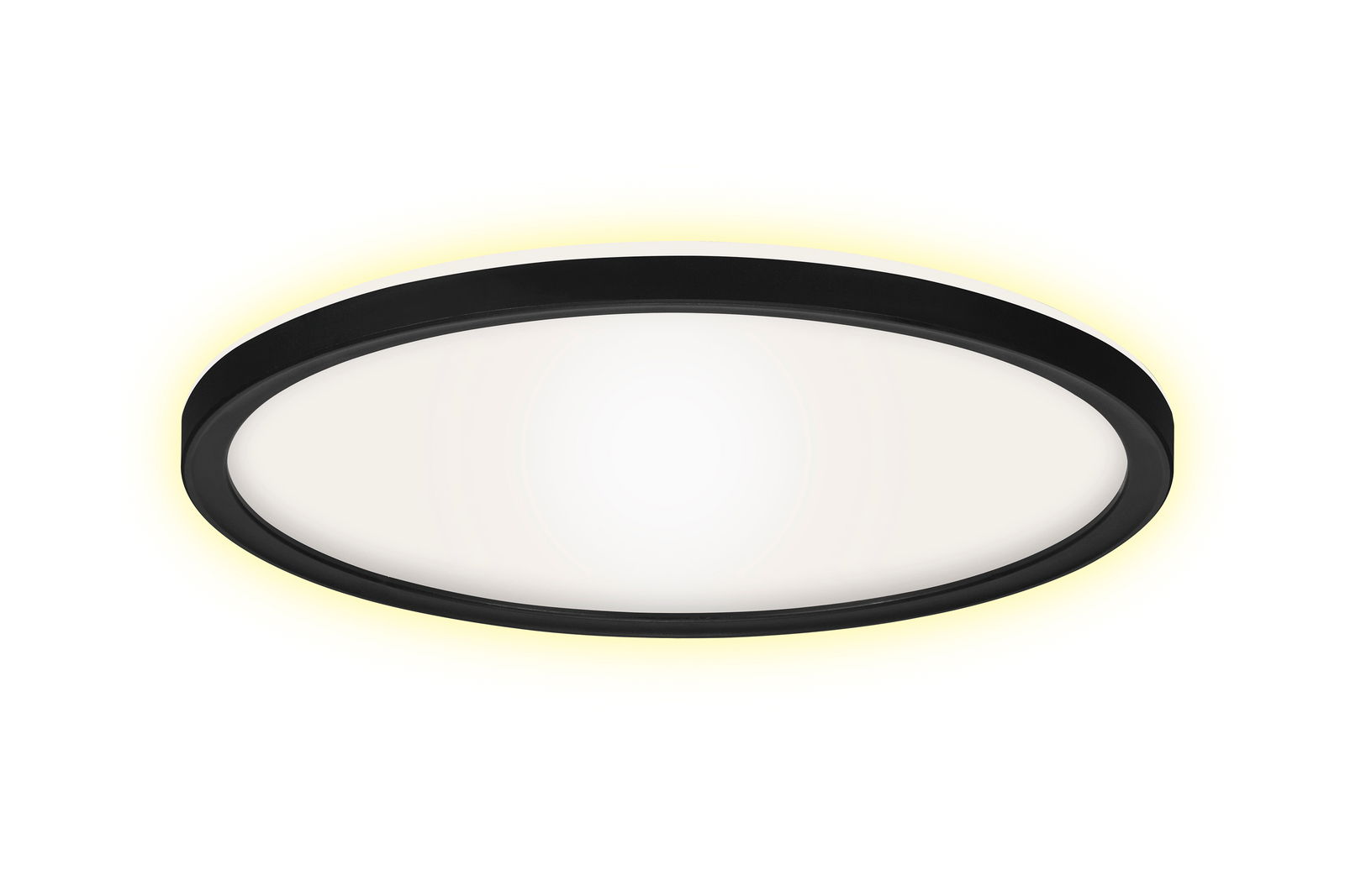 Runde LED-Deckenleuchte mit schwarzem Rahmen, seitliche Perspektive