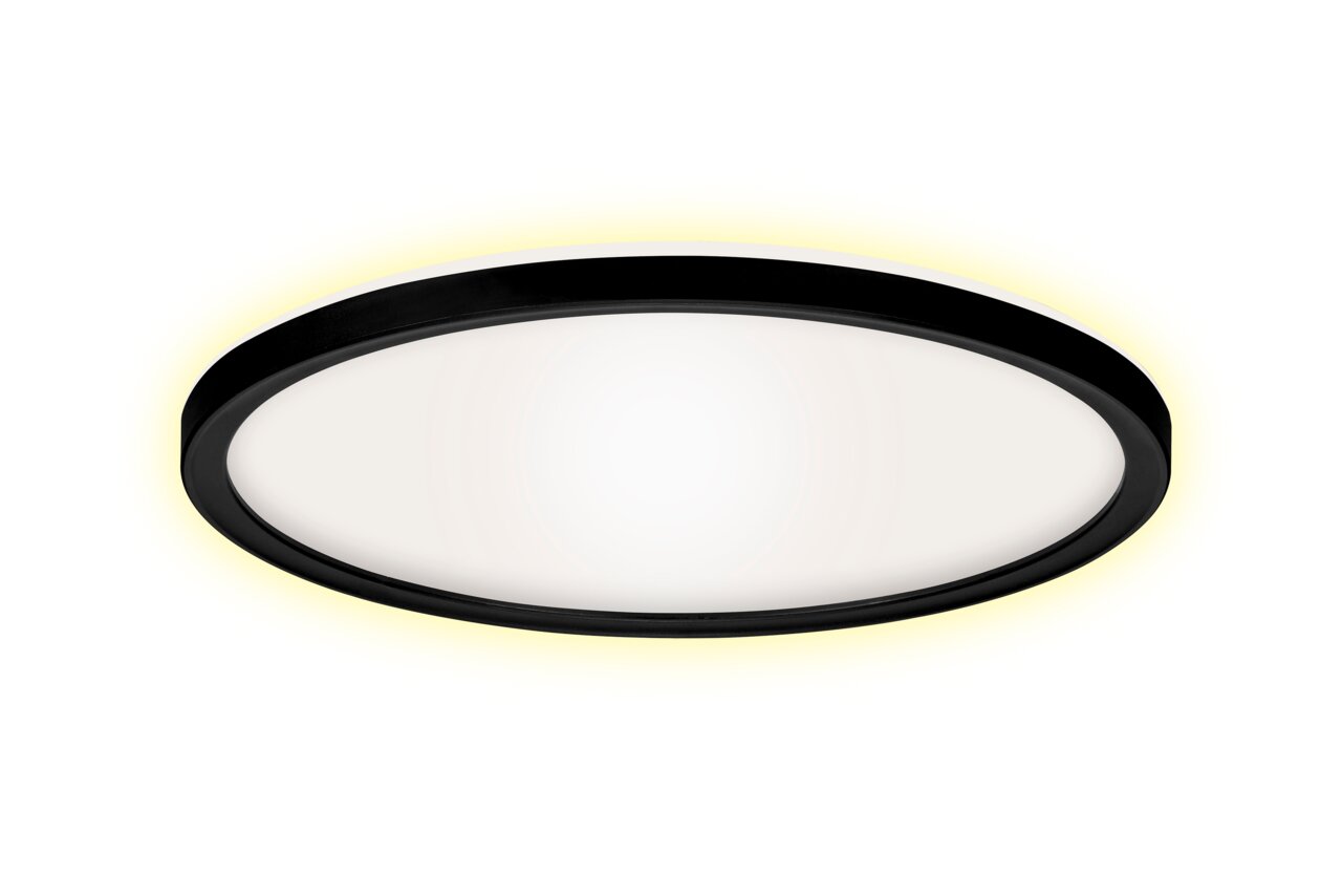 Runde LED-Deckenleuchte mit schwarzem Rahmen, seitliche Perspektive