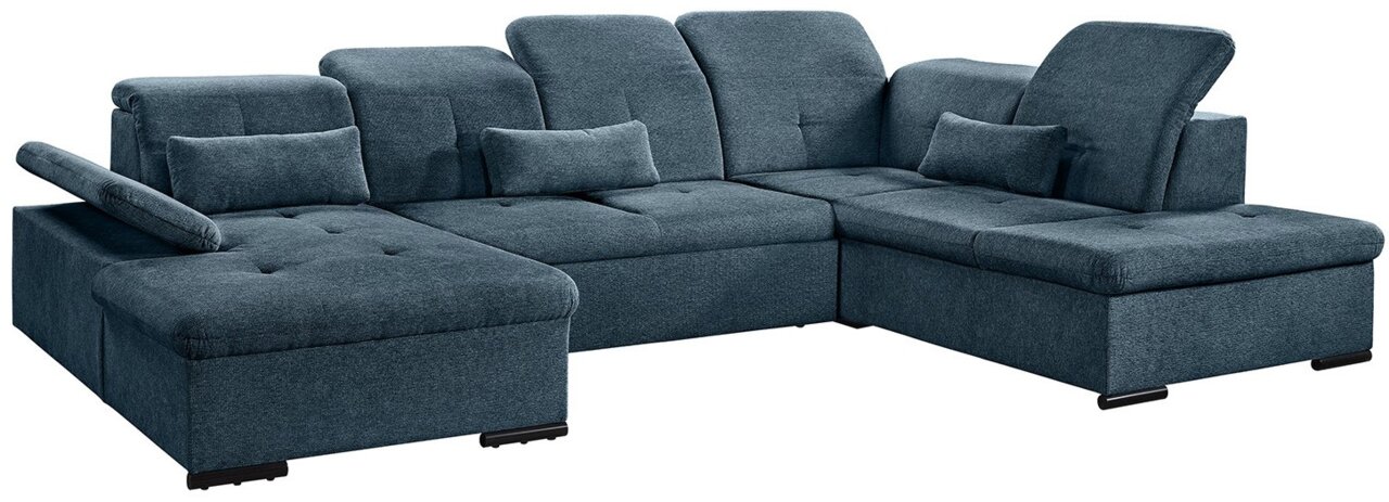 Großes, modernes Ecksofa in U-Form mit verstellbaren Kopfstützen und dunkelblauem Stoffbezug, Perspektive von vorne links.