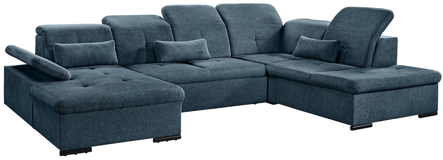 Grote, moderne hoekbank in U-vorm met verstelbare hoofdsteunen en een donkerblauwe stoffen bekleding, gezien vanaf links vooraan.