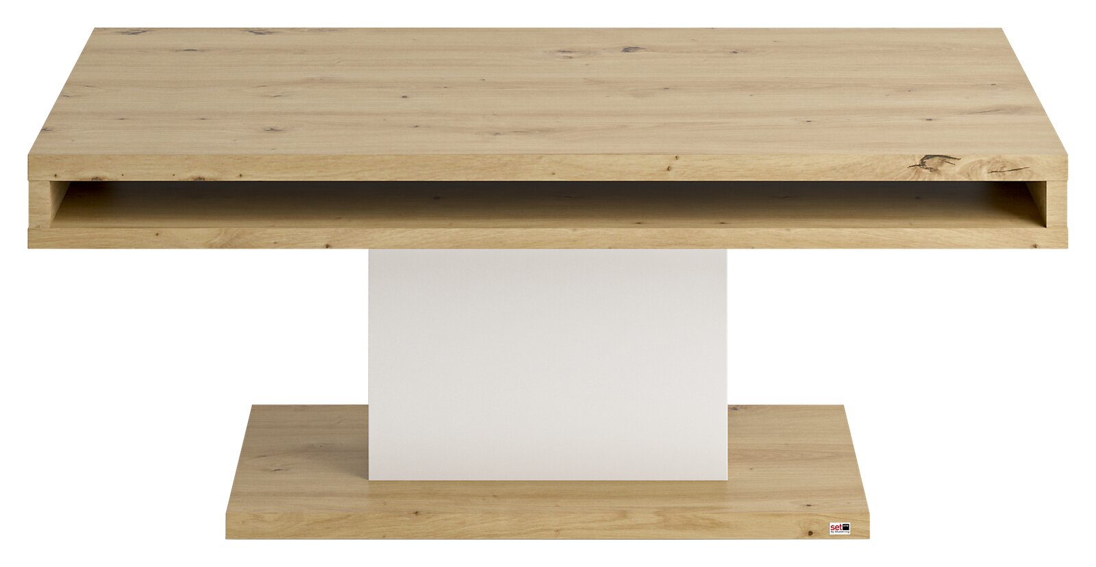 Moderner Couchtisch aus Holz mit rechteckiger Form, zentralem weißen Standfuß und offener Ablage, Frontalansicht.