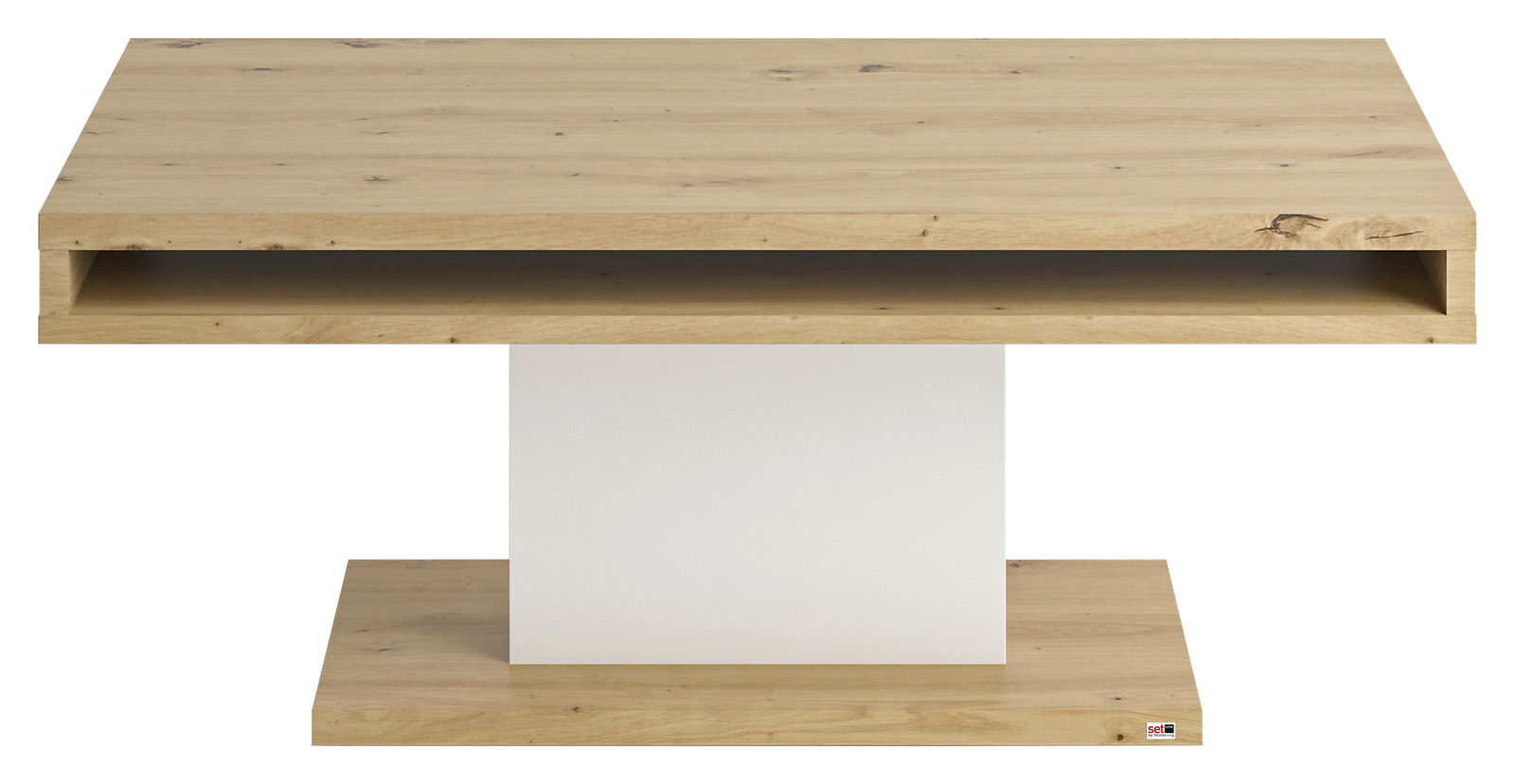 Moderner Couchtisch aus Holz mit rechteckiger Form, zentralem weißen Standfuß und offener Ablage, Frontalansicht.