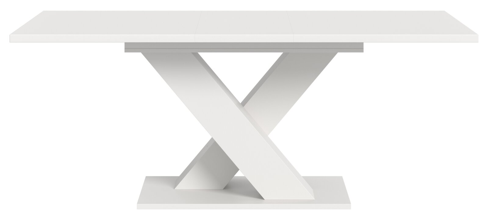 Moderner weißer Esstisch mit X-förmigem Gestell, Seitenansicht