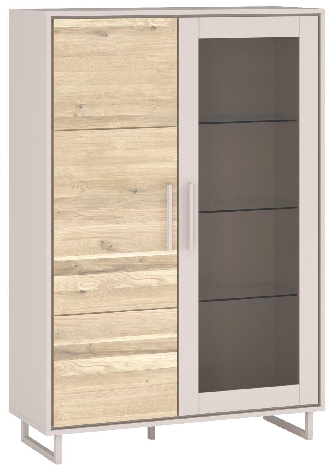 Vitrine halbhoch mit einer Kombination aus Holz- und Glastüren, frontal betrachtet.