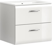 Weißer Badezimmer-Waschtischunterschrank mit zwei Schubladen und silbernen Griffen unter einem Waschbecken, schräg von vorne links fotografiert